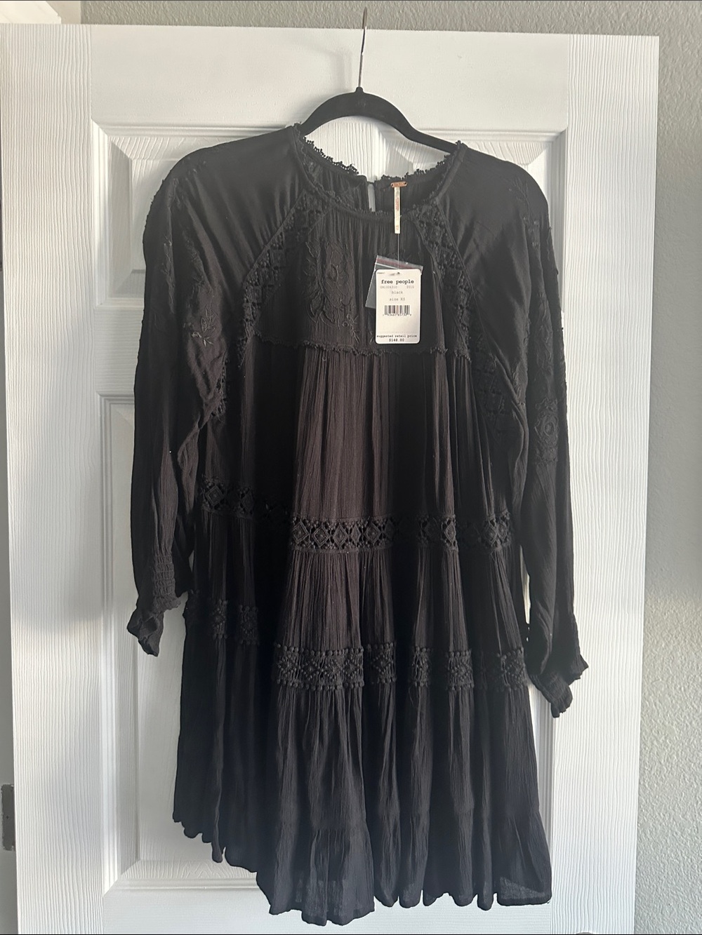 Free People Black Long-Sleeve Tiered Lace Boho Dress